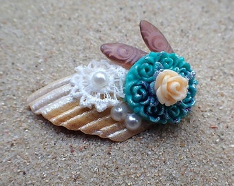 Shell, Lace, Peacock Feather Beads and Flower Cabochon OOAK Hair Clip | Mermaid Costume Boho Summer Beach Wedding Accessory