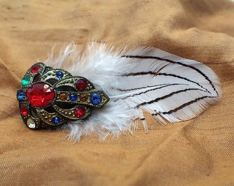 Refurbished Gem-Encrusted Piece with White Feather Hair Clip | Upcycled Vintage, Flapper 1920s Art Deco Antique Costume Accessory