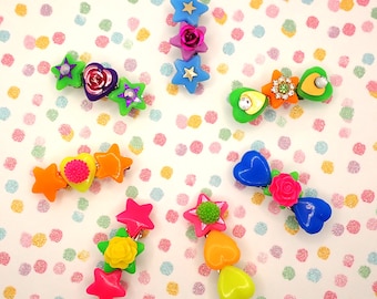 Decora Kei Colorful Rainbow Bead Hair Clips | 80s & 90s Style Chunky Party Rave Disco Blacklight Jewelry