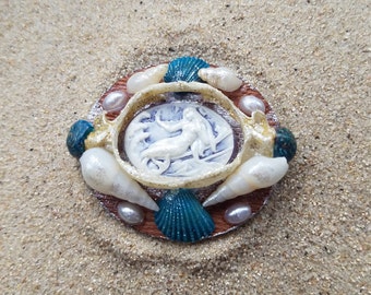The Siren: Mermaid Cameo inside Shark Jaw with Real Dyed Shells OOAK Vintage Brooch/Pin | Summer Beach Victorian-Inspired Costume Accessory
