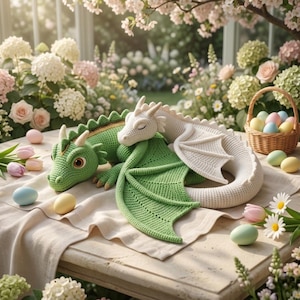 Könnte beinhalten: Zwei gehäkelte Drachenspielzeuge, einer grün und einer weiß, liegen auf einem Tisch mit pastellfarbenen Ostereiern und Tulpen. Der grüne Drache hat einen gelben Bauch und der weiße Drache hat weiße Flügel. Ein Weidenkorb enthält weitere Eier.