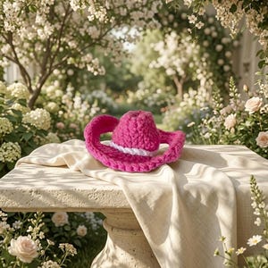 Könnte beinhalten: Ein leuchtend pinkfarbener Cowboyhut aus Häkelarbeit mit einem weißen Band, der auf einem cremefarbenen Tuch liegt. Der Hut ist der Mittelpunkt, vor einem verschwommenen Hintergrund aus Blumen und Grün, was auf eine Umgebung im Freien hindeutet.