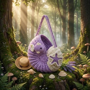 Könnte beinhalten: Eine runde, gehäkelte Tasche in Lavendel- und Cremetönen, geformt wie ein Nautilusgehäuse. Die Tasche verfügt über einen kleinen, angehäkelten Fisch und eine auffällige, cremefarbene Seestern-Applikation an der Seite sowie zwei lange Trageriemen.