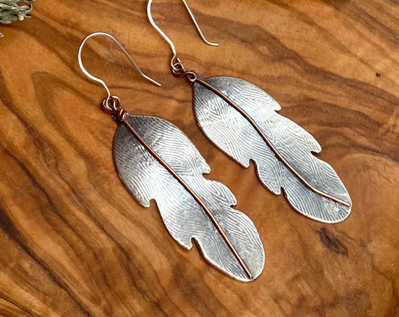 Silver and Copper Feather Drop Earrings
