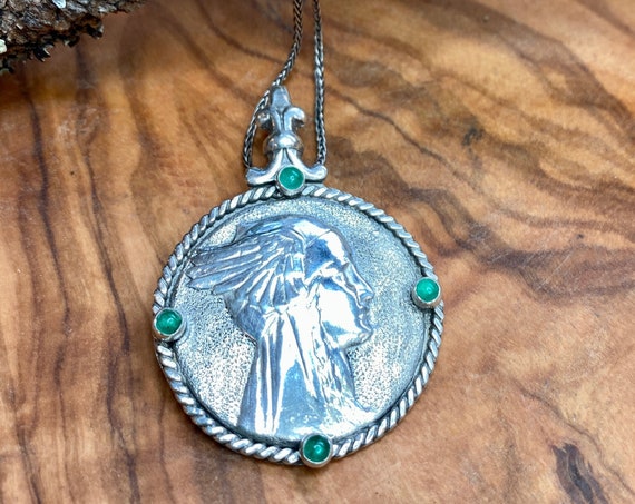Fine Silver Art Deco Valkyrie with Natural Emeralds Pendant