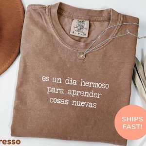 Może przedstawiać: Koszulka w kolorze espresso z białym napisem "es un dia hermoso para aprender cosas nuevas". Srebrny naszyjnik z wisiorkiem spoczywa na koszulce. Koszulka ma metkę Comfort Colors.