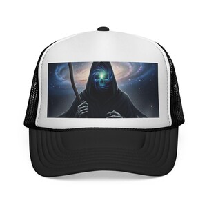 Cosmic Skull Trucker Cap | Festival Hat, Halloween Gift, Graphic Snapback, Unique Headwear, Trendy Accessories