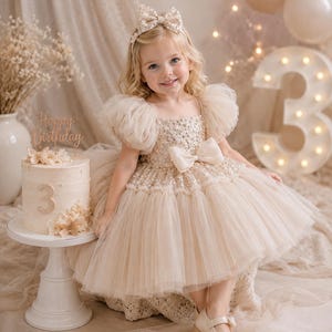 May include: A champagne-coloured dress featuring a sequined bodice, voluminous tulle puff sleeves, and a layered tulle skirt with a central bow. The outfit includes a matching sequined hair bow and cream-coloured Mary Jane shoes with small bows.