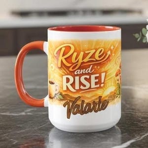 Mushroom Coffee Mug, Ryze and Rise Design with Orange Sunrise Graphic