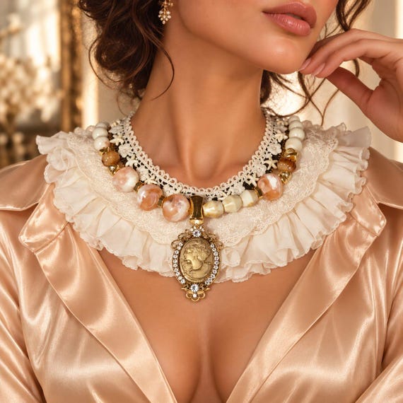 Pearl Statement Necklace with Detachable Brooch, Handmade Beaded Collar Necklace, Boho Luxury Jewelry, Bridal Statement Necklace