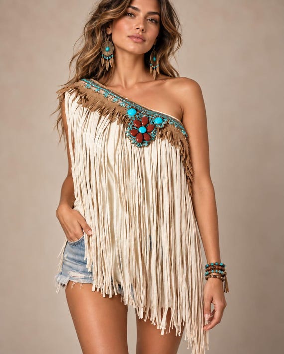 Handmade Turquoise Fringe Tunic, 100% Cotton Boho Top, Reversible Adjustable Chain Festival Wear