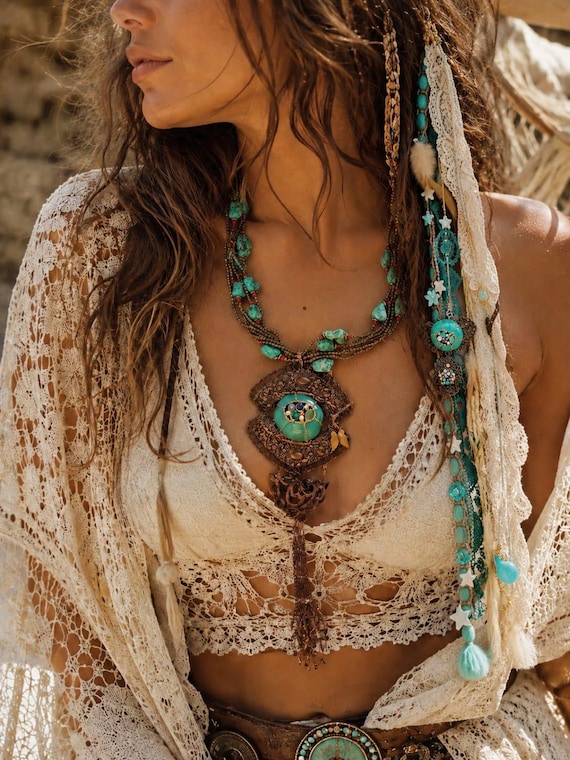 Genuine Turquoise Boho Necklace, Vintage Multi Strand Statement Necklace, Ethnic Tribal Jewelry, One of a Kind