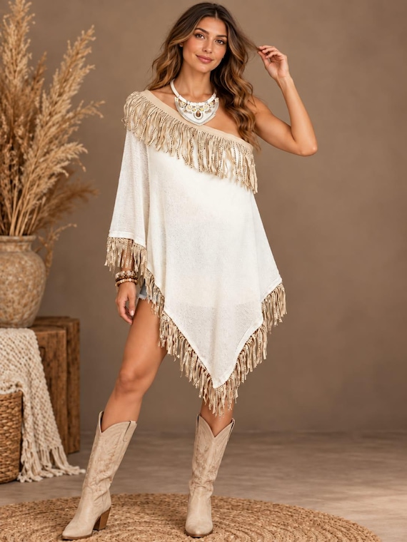 Cream Asymmetric Sheer Knit Poncho with Studded Suede Fringe & Statement Necklace | Boho Set