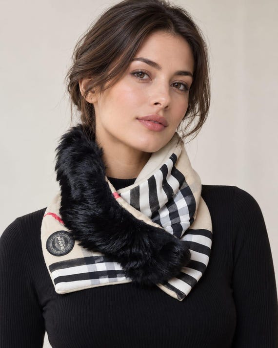Handmade Faux Fur Neck Warmer, Black Cream Plaid Scarf, One of a Kind Winter Accessory, Christmas Gift for Her