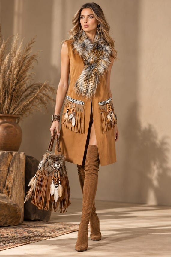 Boho Western Fringe Vest, Long Suede Look Vest, Handmade Statement Waistcoat, Festival Fashion, Unique Bohemian Outfit