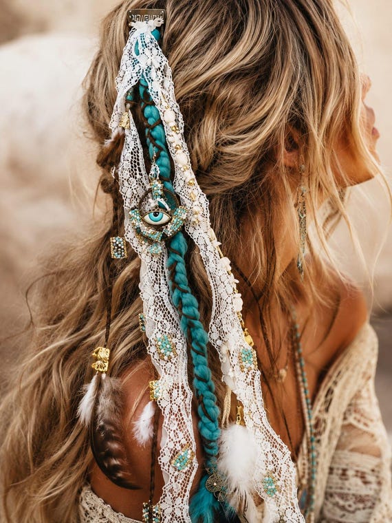 Bohemian Hair Clip with Lace & Feathers, Turquoise Hair Accessory, Festival Hair Piece, Bridal Hair Jewelry, Coachella Style