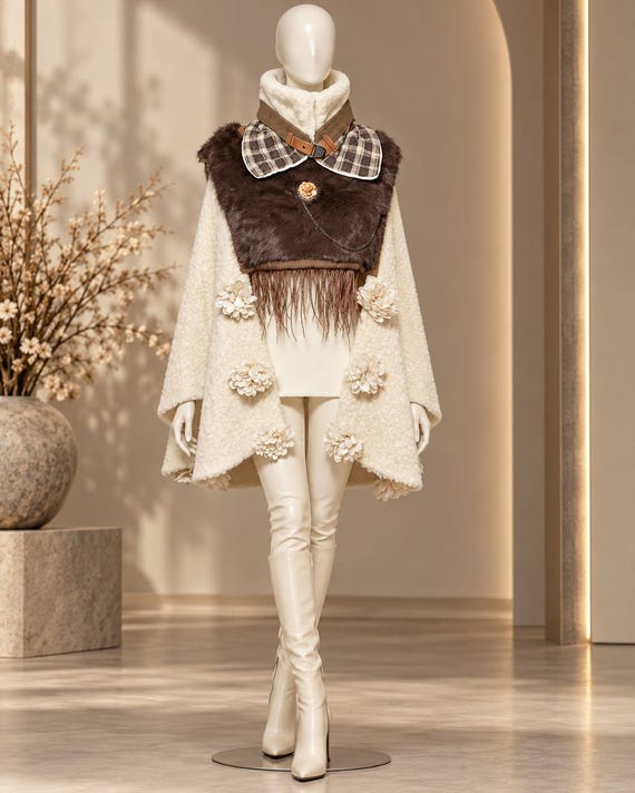 100% Wool Cape with Faux Fur Front, Detachable Neck Warmer & Brooch, One of a Kind 3-Piece Set