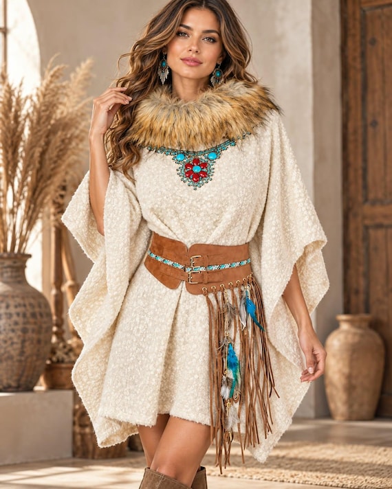Boho Poncho and Fringe Belt Set, Cream Western Cape, Turquoise Statement Belt, Cowgirl Festival Outfit, Handmade Bohemian Fashion