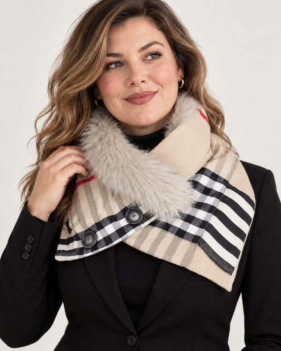 Faux Fur Neck Warmer Scarf, Beige Plaid Button Scarf, Statement Winter Accessory, Handmade Unique Scarf, Christmas Gift for Her