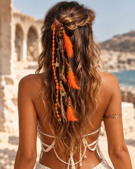 Bohemian Hair Extension with Orange Feathers and Beads, Festival Hair Accessory