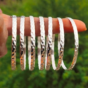 Conjunto de 7 brazaletes martillados hechos a mano, pulsera de plata esterlina, pulsera apilable estilo bohemio, regalo para mujer.