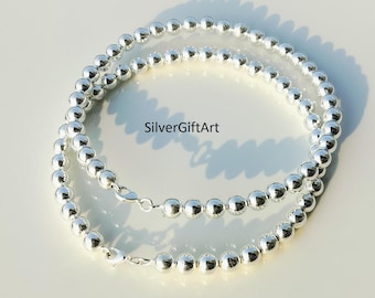 Solid 925 Sterling Silver, 2 Beaded Necklace, 8 mm Ball Minimalist, Everyday Wear Necklace.