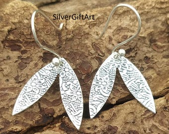 Sterling Silver Leaf Dangle Earrings, 925 Lavarack Tear Vintage, Daily Jewelry, Gift For Her.