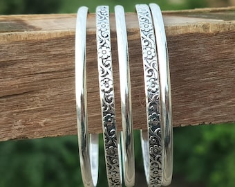 Handmade Sterling Silver Floral Stackable Bangle Set, Boho Hippie Style, Marriage Gift.