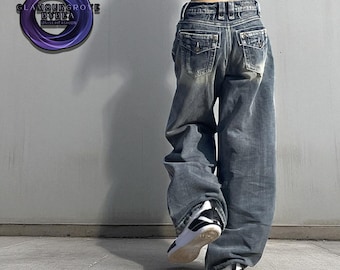 Calça jeans folgada de perna larga | Calça jeans estilo streetwear Harajuku | Estilo casual Y2K vintage grunge coreano