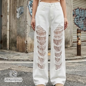 Women’s Ripped Denim Pants | Lace Straight Leg Trousers | Streetwear Style Outfit | Y2K Trend

Women’s ripped denim pants with loose-fit silhouette and straight-leg design suitable for streetwear outfits and everyday styling.