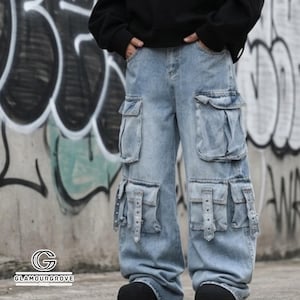 Wide Leg Cargo Pants  | Denim Loose Multi Pocket Jeans | Casual Y2K Streetwear