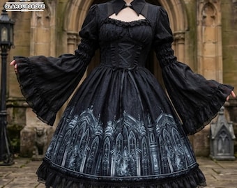 Damska sukienka z szalowym gotyckim wzorem | Strój vintage z długim rękawem | Lolita Y2k Punk Fashion