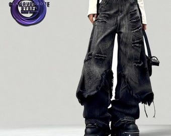 Calça jeans folgada estilo anos 2000 com efeito desgastado | Calça streetwear com recortes