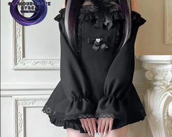 Vestido gótico ombro a ombro | Conjunto de blusa de manga comprida e shorts | Look Harajuku anos 2000