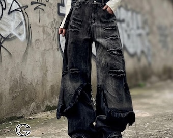 Distressed Y2K Baggy Denim Jeans | Spliced Streetwear Pants