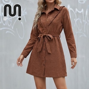 Brown Button Dress | Long Sleeve Belted Shirt | Ruffle Trim | Casual Autumn Outfit