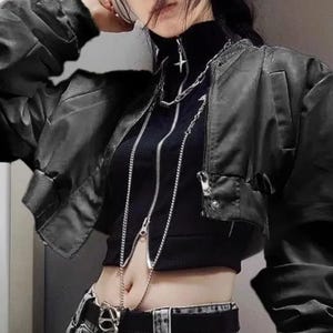 Women's Casual Retro Jacket | Long Sleeve Punk Alternative Coat | Gothic Vintage Y2k Fashion
.
Cropped gothic streetwear jacket for women with long sleeves and edgy punk Y2K fashion design, perfect for alternative outfits.