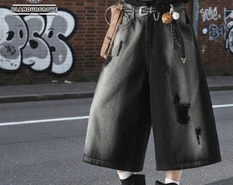 Pantalones cortos de pierna ancha / Pantalones vaqueros holgados / Vaqueros desgastados y rotos / Ropa urbana informal estilo skater