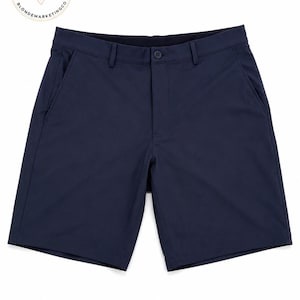 May include: A pair of navy blue shorts featuring a waistband with belt loops, a single button closure, a zippered fly, and two side pockets. The garment includes a circular logo in the upper left corner with the text Closet BLONDEMARKETINGCO.