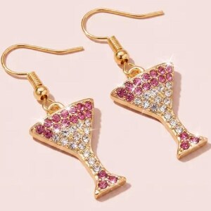 Pink Martini Cocktail Earrings | Gold Dangle Charm, Sparkly Glam Statement