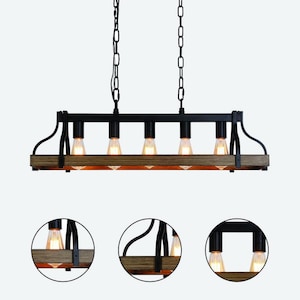 May include: A rustic, rectangular pendant light fixture with five exposed light bulbs. The fixture features a wooden base, black metal frame, and hanging chains. The bulbs are Edison-style, emitting a warm glow, perfect for a kitchen or dining area.