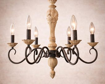 French Country Chandelier 6-Light | Farmhouse Dining Room Fixture, Rustic Imitation Wood Finish