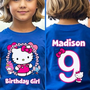 Kawaii Birthday Girl T-Shirt, Kawaii Cat Birthday Theme Party Shirt, Birthday Girl Family Shirts, Birthday Kitty T-Shirt, Front and Back ROYAL BLUE