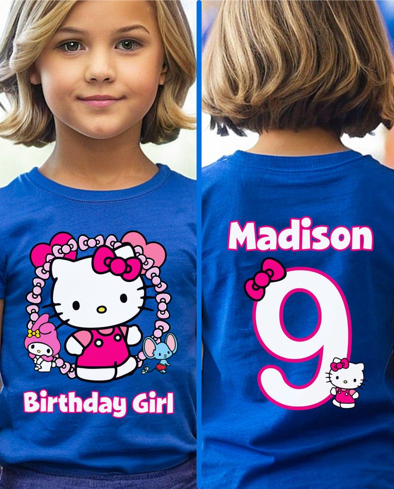 Kawaii Birthday Girl T-Shirt, Kawaii Cat Birthday Theme Party Shirt, Birthday Girl Family Shirts, Birthday Kitty T-Shirt, Front and Back ROYAL BLUE