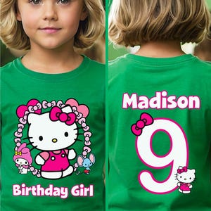 Kawaii Birthday Girl T-Shirt, Kawaii Cat Birthday Theme Party Shirt, Birthday Girl Family Shirts, Birthday Kitty T-Shirt, Front and Back GREEN