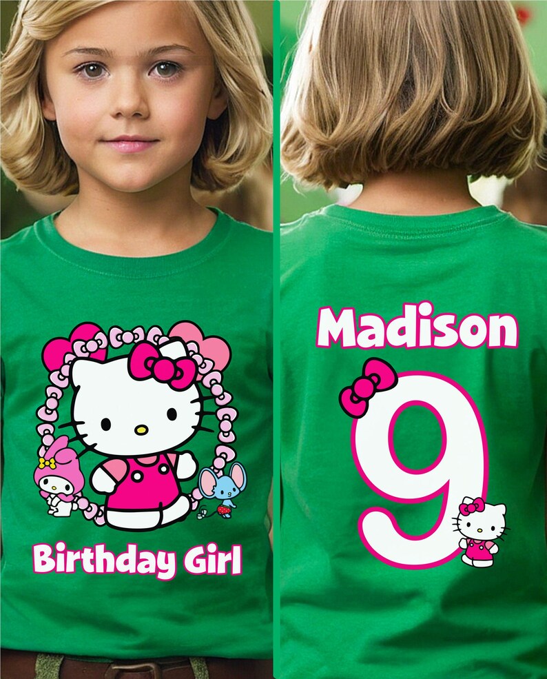 Kawaii Birthday Girl T-Shirt, Kawaii Cat Birthday Theme Party Shirt, Birthday Girl Family Shirts, Birthday Kitty T-Shirt, Front and Back GREEN