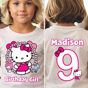 Kawaii Birthday Girl T-Shirt, Kawaii Cat Birthday Theme Party Shirt, Birthday Girl Family Shirts, Birthday Kitty T-Shirt, Front and Back WHITE
