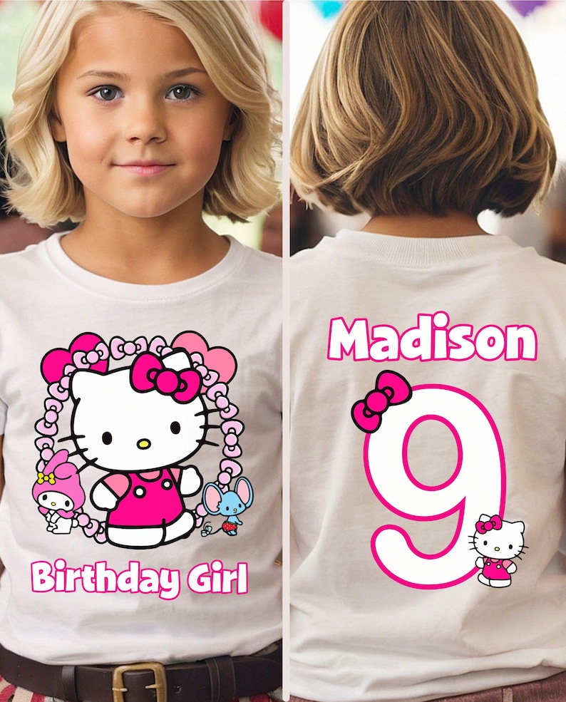 Kawaii Birthday Girl T-Shirt, Kawaii Cat Birthday Theme Party Shirt, Birthday Girl Family Shirts, Birthday Kitty T-Shirt, Front and Back WHITE