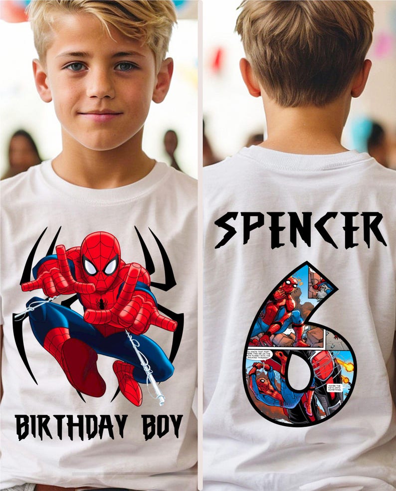 Personalized Spider man Family Birthday Shirt, Family Shirts, Birthday Party Shirt, Toddler T-Shirt, Front and Back WHITE