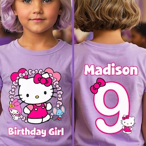 Camiseta de cumpleaños de niña kawaii, camiseta de fiesta de cumpleaños con temática de gato kawaii, camisetas familiares de cumpleañera, camiseta de cumpleaños de gatito (delantera y trasera)
